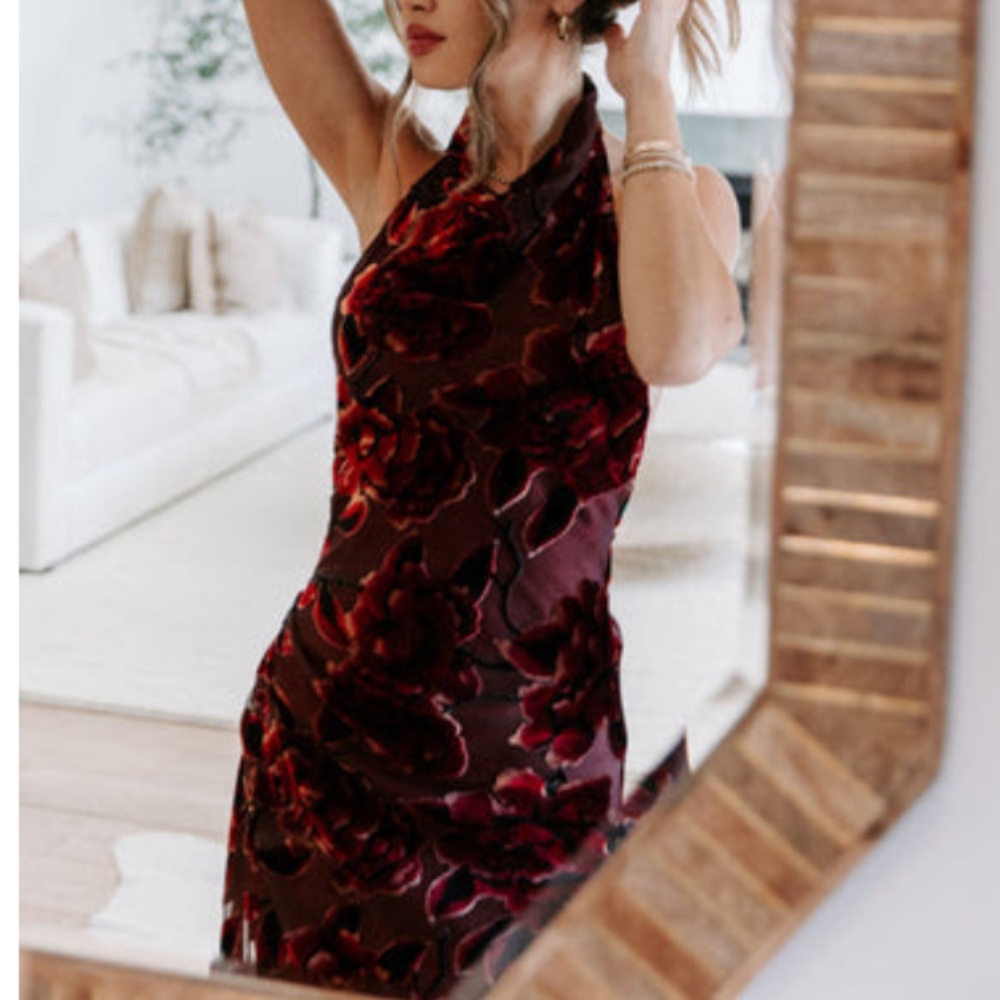 like fine wine asymmetrical halter burnout velvet midi dress burgundy large VICI